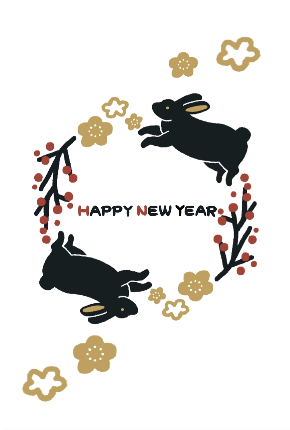 2匹の黒うさぎの年賀状, 動物, 大人っぽい, 令和５年, 年賀状テンプレート