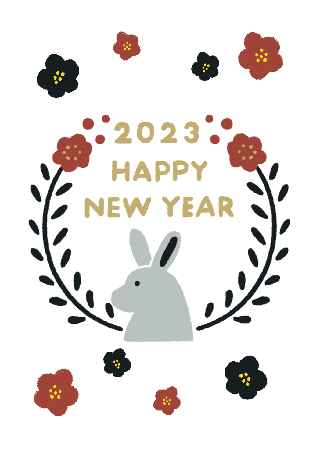 梅の花と横向きうさぎの年賀状, New Year's card, concord, English text, New Year Card template