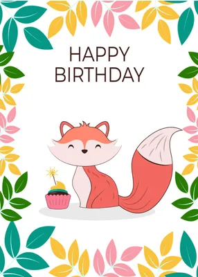 きつねと誕生日ケーキ, Fox, smile, Sideways, Birthday Card template