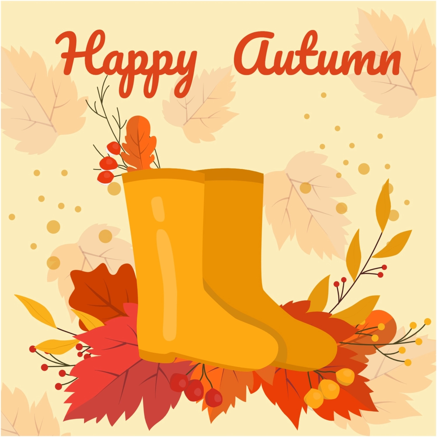 秋のグリーティングカード　長靴, 紅葉, 四角, 作成, メッセージカードテンプレート