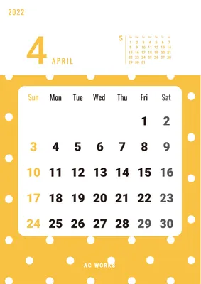 白い水玉模様のカレンダー, 2022, April, orange, Calendar template