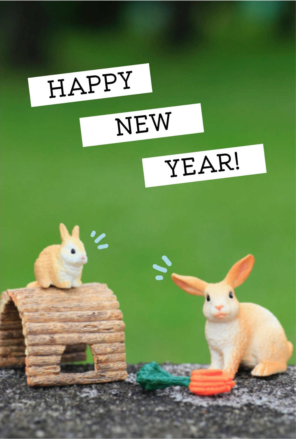 シュライヒ　巣穴と2匹のうさぎ　白背景にHAPPY NEW YEAR, 卯, 2023年, 屋外, 年賀状テンプレート