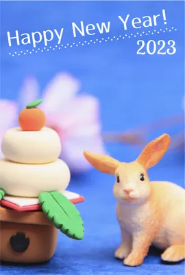 シュライヒ　鏡餅とうさぎ　青背景, happy, new, year, 年賀状テンプレート