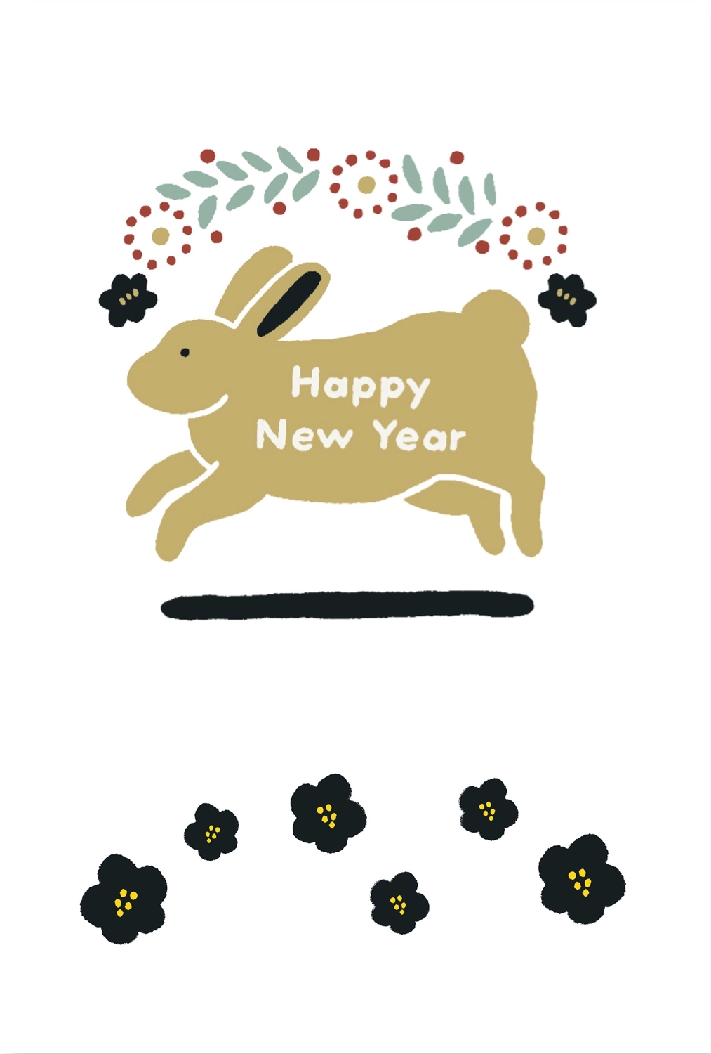 茶色うさぎと花模様の年賀状, 新年, 令和５年, 2023, 年賀状テンプレート