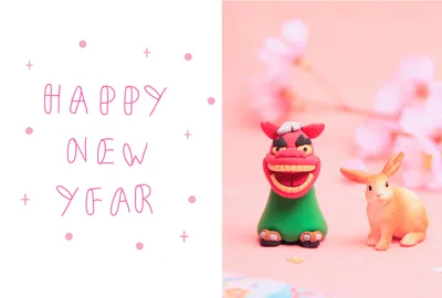 シュライヒ　獅子舞とうさぎ　左枠にHAPPY NEW YEAR, happy, new, year, 年賀状テンプレート