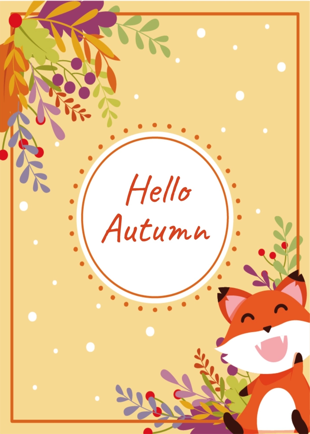 秋のグリーティングカード　きつねと植物, 枠, 作成, デザイン, メッセージカードテンプレート