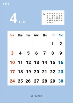 ブルー系シンプルカレンダー, 2022年, 4月, シンプル, カレンダーテンプレート