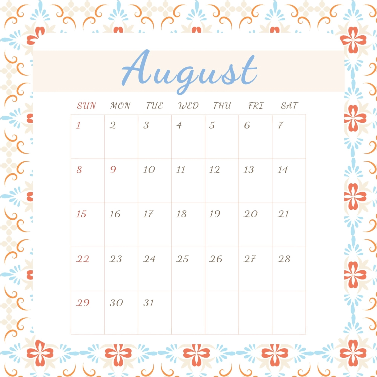 8月カレンダー, 週, 作成, デザイン, カレンダーテンプレート