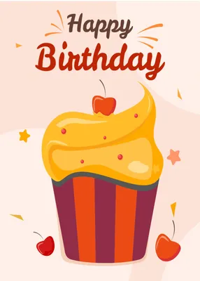 大きなカップケーキで誕生日　チェリー, カップケーキ, 大きい, アップ, 誕生日カードテンプレート