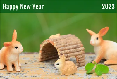 シュライヒ　巣穴の近くにいる三匹のうさぎ, happy, new, year, 年賀状テンプレート