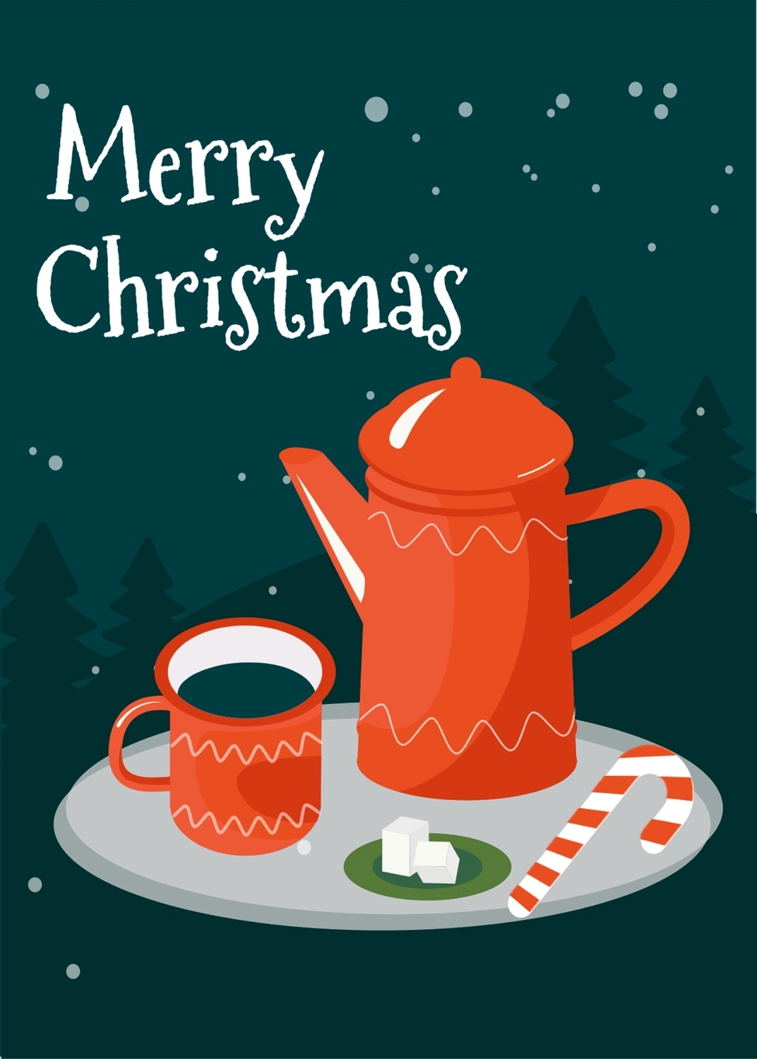 クリスマスグリーティングカード　ポットとコーヒー, キャンディーケーン, クリスマスカード, 作成, メッセージカードテンプレート