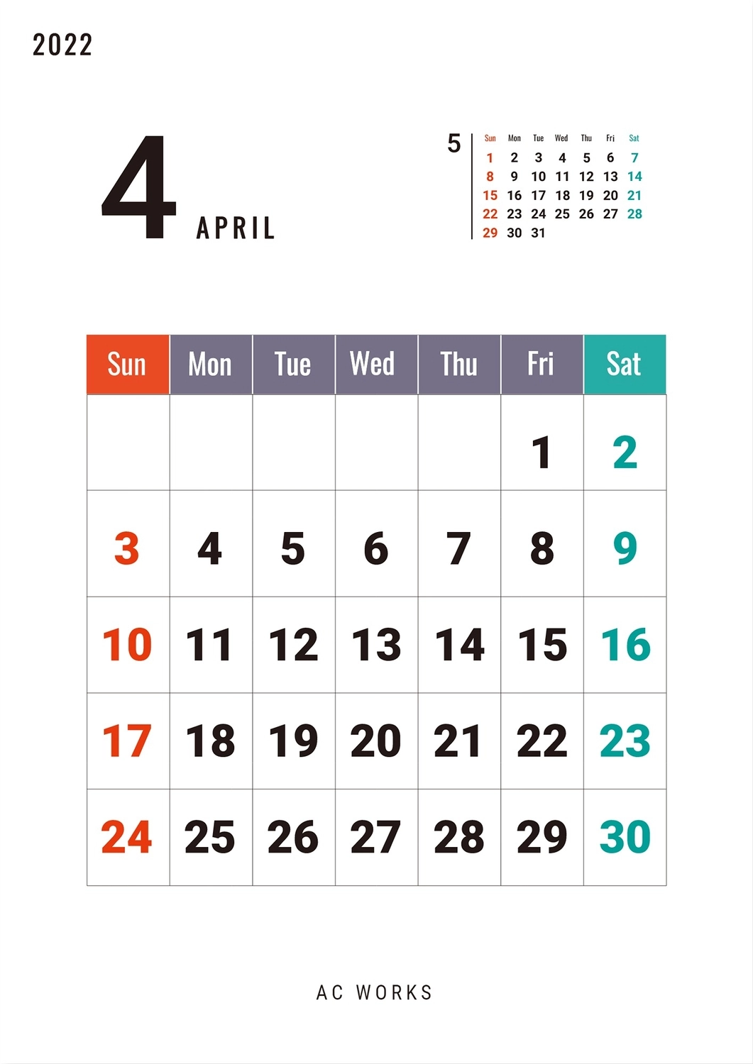 シンプルカレンダー4月の無料カレンダーテンプレート 6658 デザインac