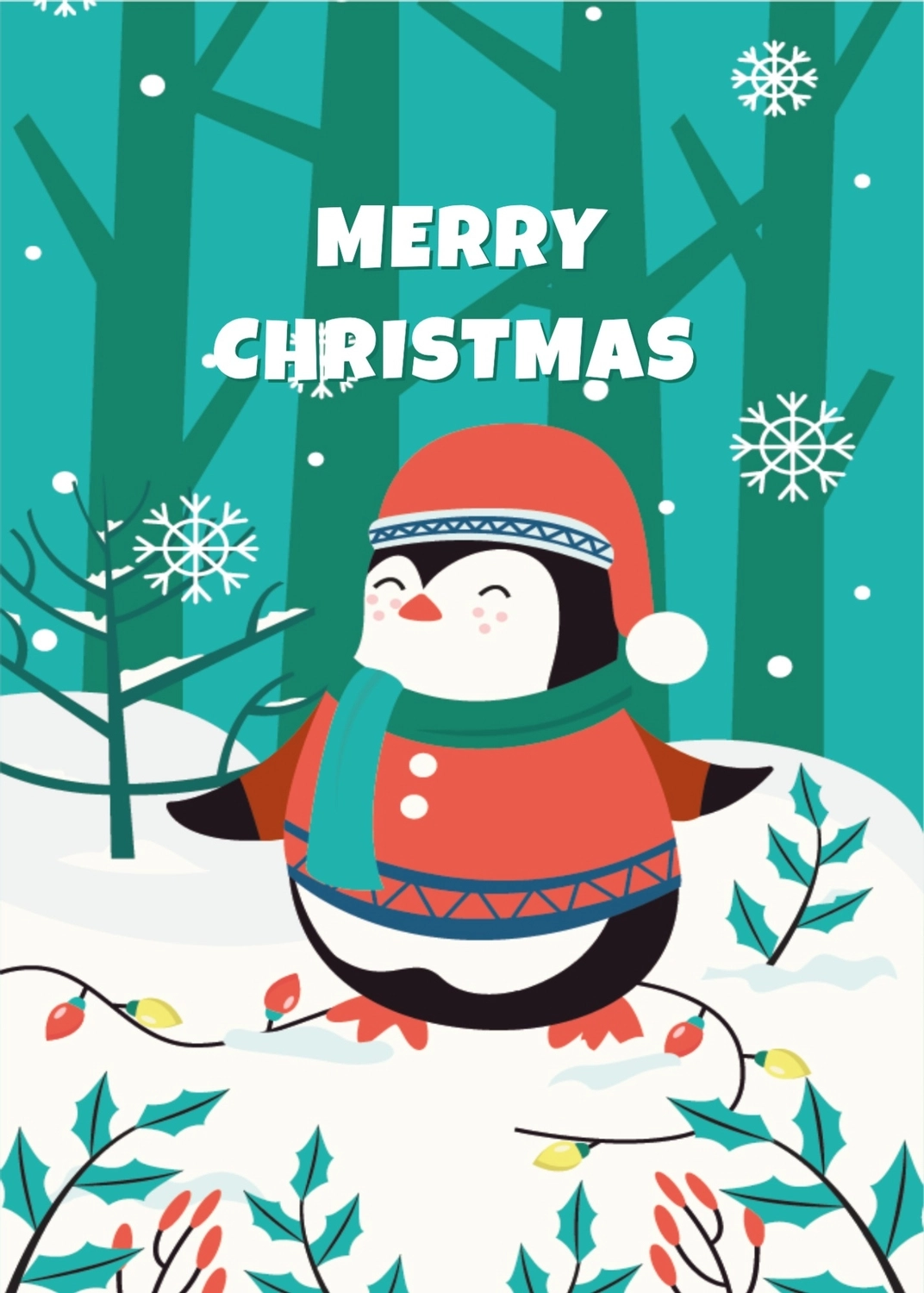 クリスマスグリーティングカード　ペンギン, 木, クリスマスカード, 作成, メッセージカードテンプレート