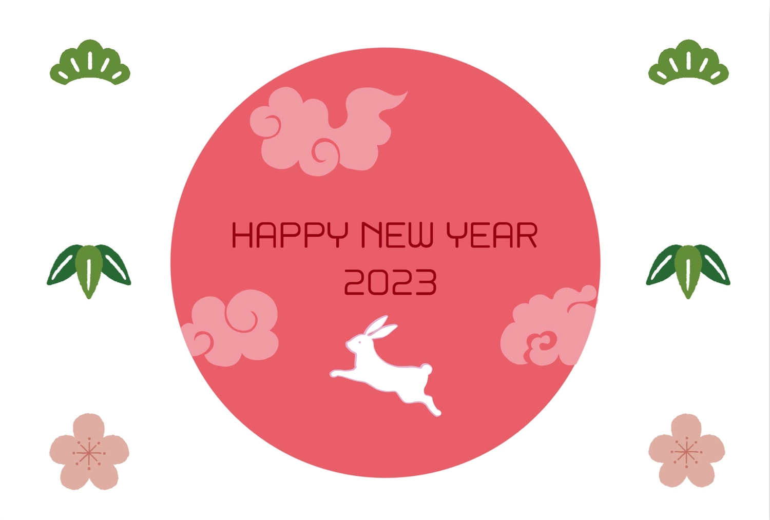 松竹梅とうさぎの年賀状, New Year's card, concord, English text, New Year Card template