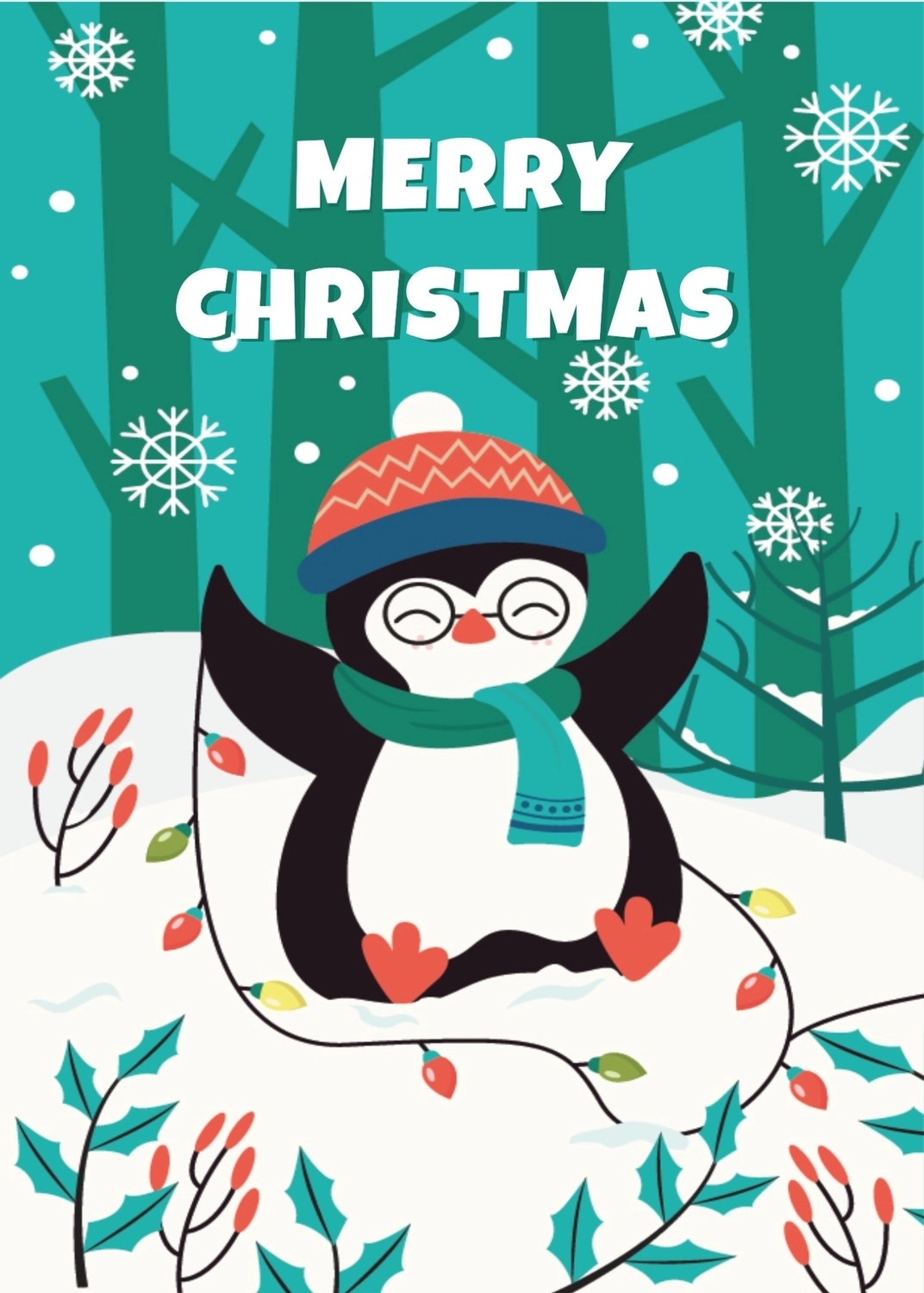 クリスマスグリーティングカード　ペンギン, 木, クリスマスカード, 作成, メッセージカードテンプレート
