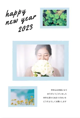 写真フレーム年賀状　水色のフレーム, happy, new, year, New Year Card template