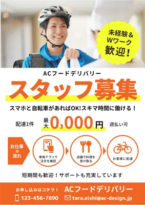 デリバリースタッフ募集チラシ, デリバリー, デリバリースタッフ, スタッフ募集, チラシテンプレート