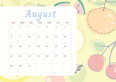 フルーツカレンダー, カレンダー, 8月, 月, カレンダーテンプレート