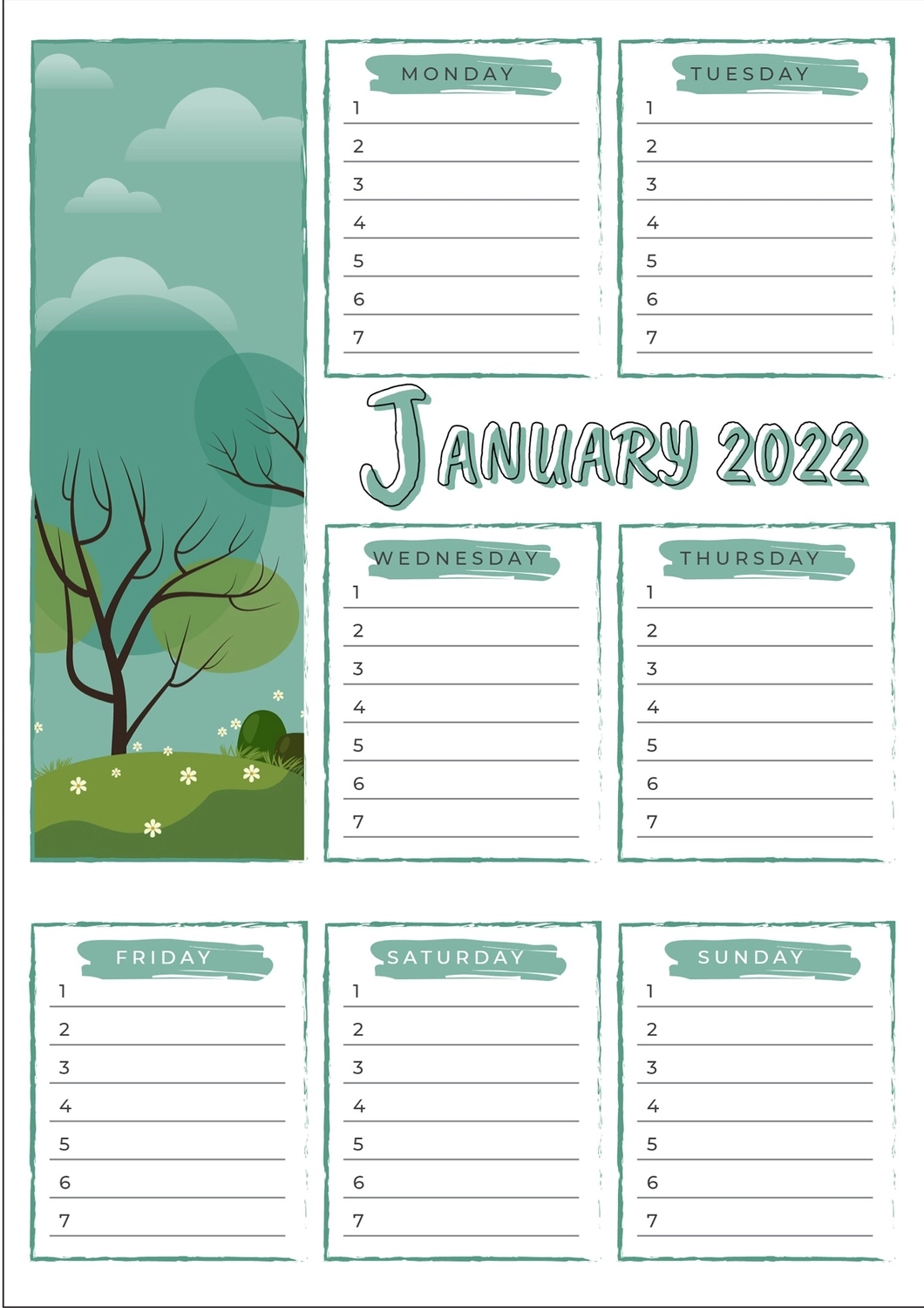 2022年1月の予定表, ナチュラル, 作成, デザイン, スケジュールテンプレート