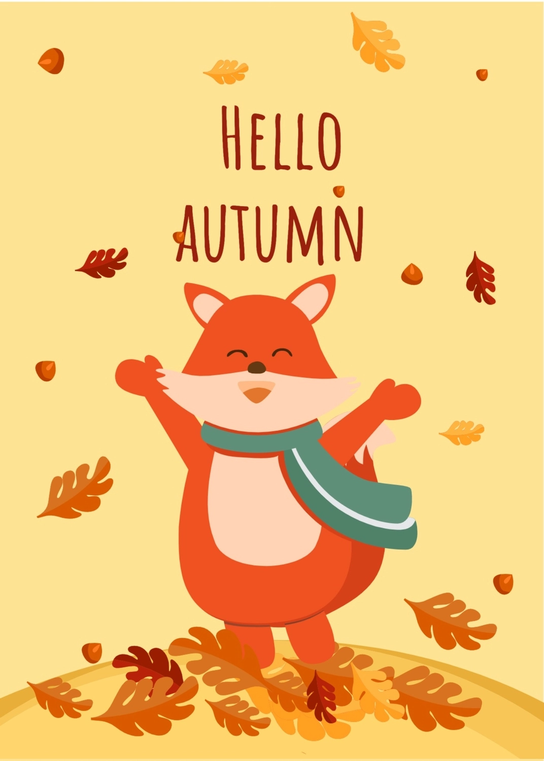 秋のグリーティングカード　キツネ, 여우, 만들기, 디자인, 메시지 카드 템플릿