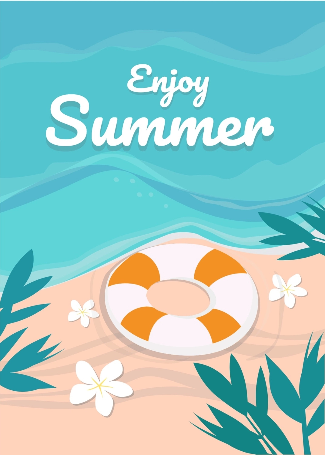 夏のグリーティングカード　ビーチ　浮き輪, 波, 作成, デザイン, メッセージカードテンプレート