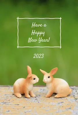 シュライヒ　2匹のうさぎ　四角の白枠でHAPPY NEW YEAR, happy, new, year, 年賀状テンプレート