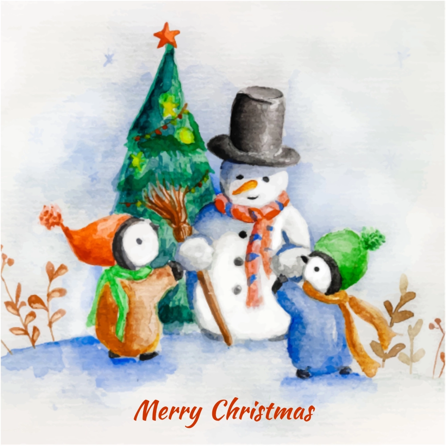 クリスマスグリーティングカード　水彩画　ぺんぎんと雪だるま, ペンギン, クリスマスカード, 作成, グリーティングカードテンプレート