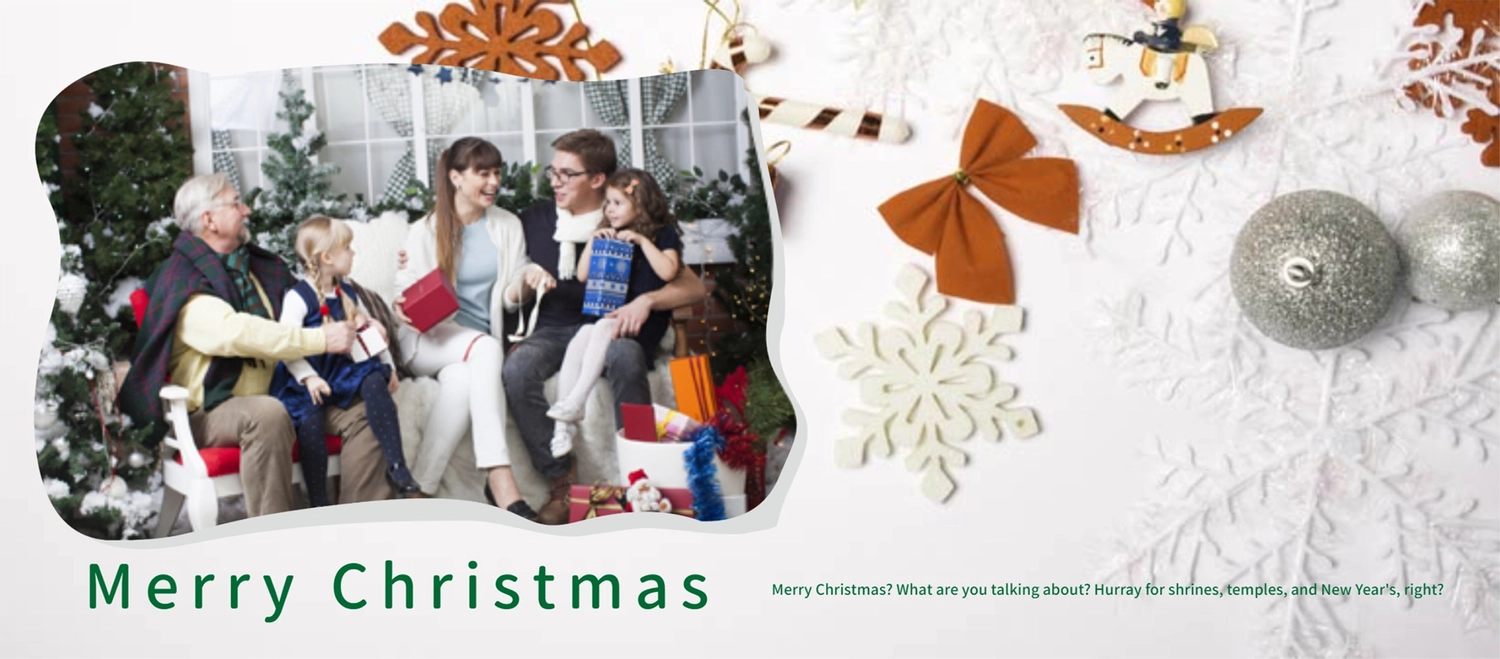 家族写真とクリスマス飾りのFacebook向けカバー, 雪的結晶, 白背景, 絲帶, 臉書封面 模板