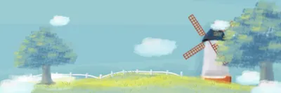 草原にある風車小屋の水彩画風デザイン, Twitterヘッダー, デザイン, 編集, Twitterヘッダーテンプレート