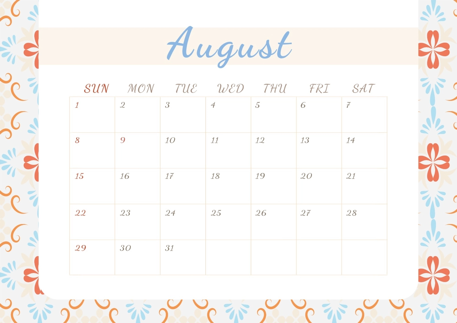 8月カレンダー, 花の茎, 作成, デザイン, カレンダーテンプレート