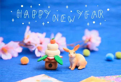 シュライヒ　青背景　鏡餅とうさぎ, happy, new, year, 年賀状テンプレート