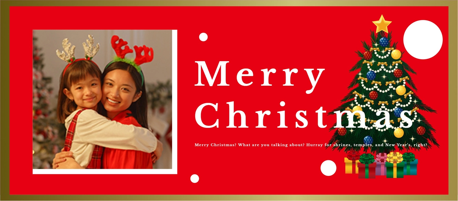 赤背景で母娘写真のクリスマスFacebook向けカバー, 단색, 귀여운, 일본인, Facebook덮개 템플릿
