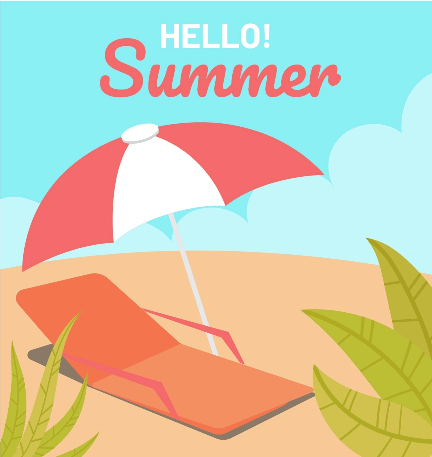 夏のグリーティングカード　ビーチチェアとパラソル, ビーチパラソル, 作成, デザイン, グリーティングカードテンプレート