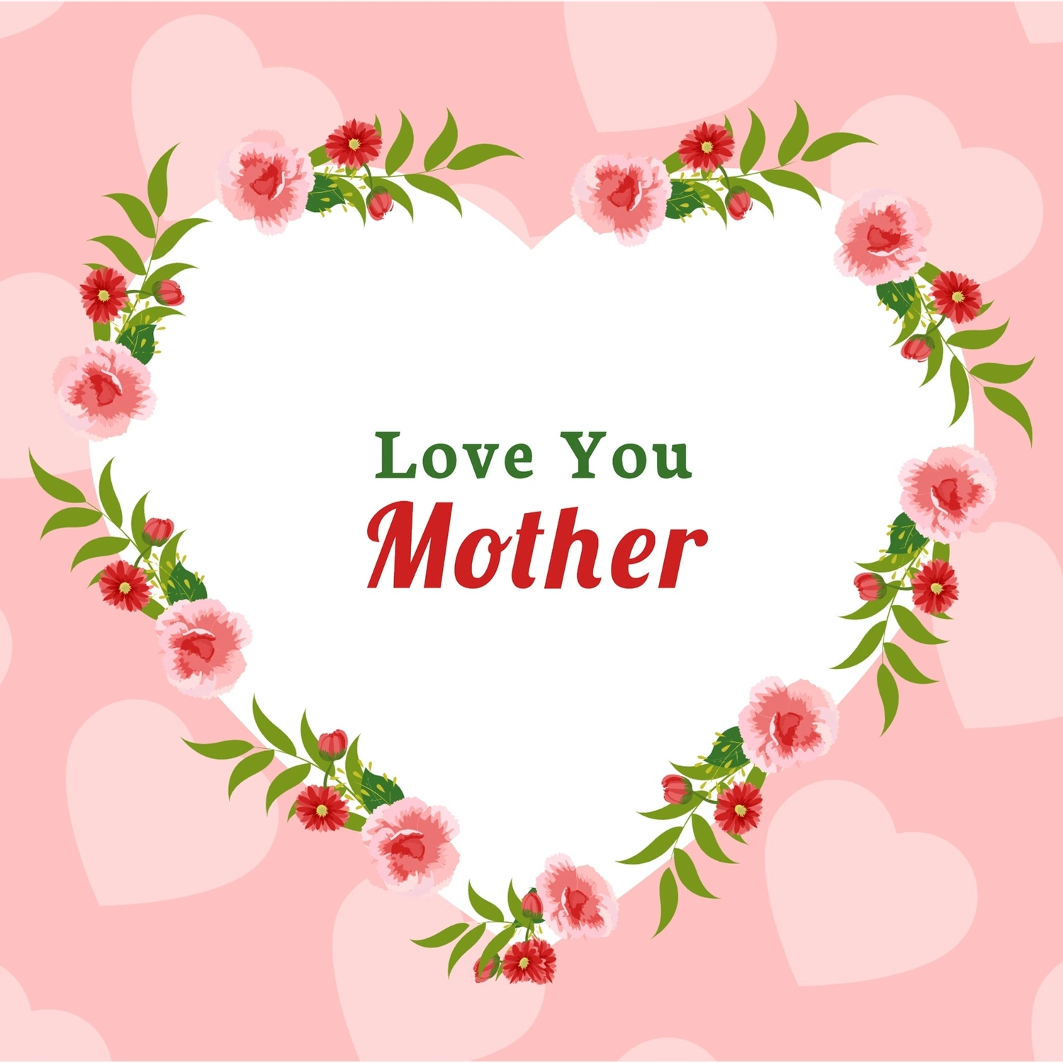 母の日グリーティングカード　花のハート, ピンク背景, 作成, デザイン, メッセージカードテンプレート