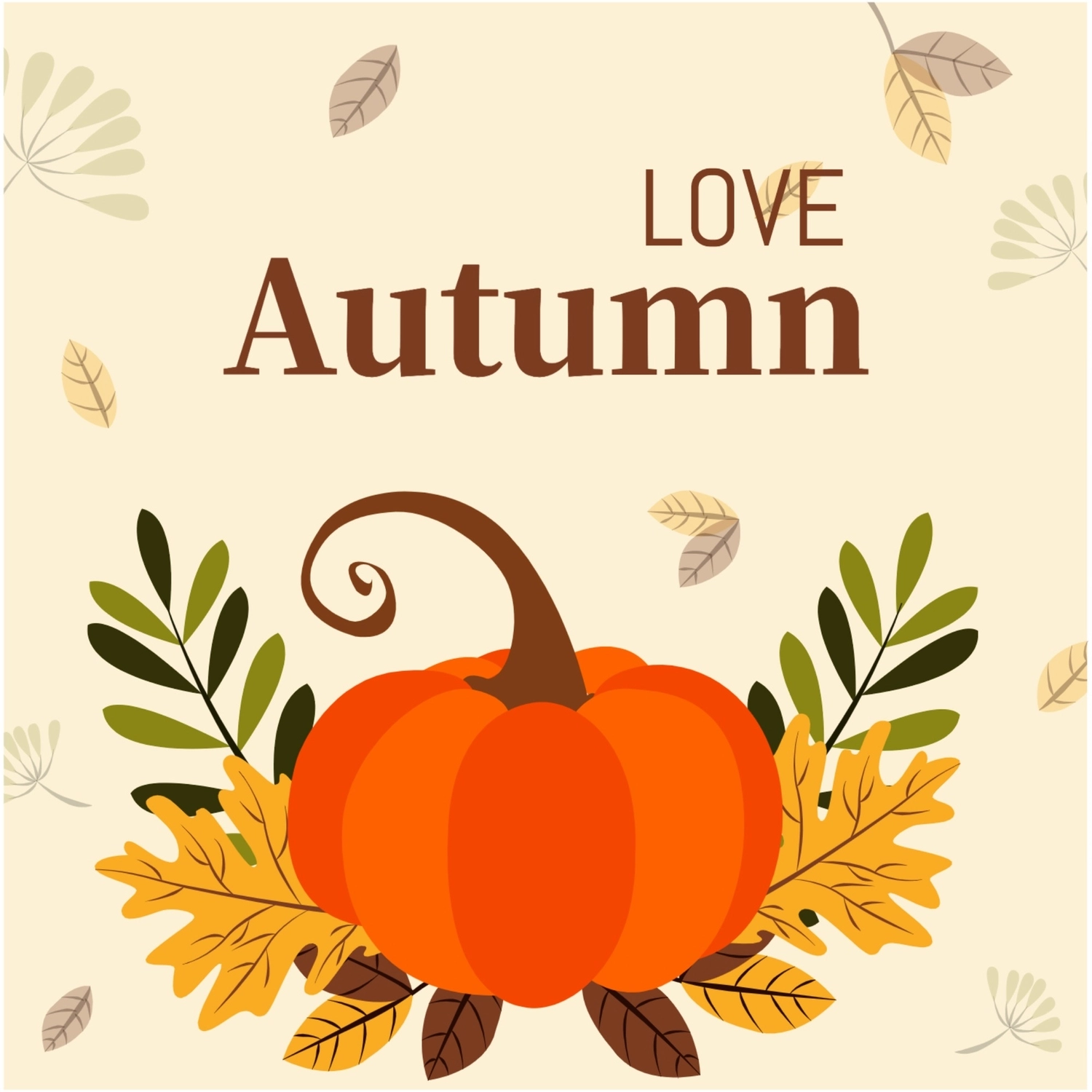 秋のグリーティングカード　かぼちゃ, 枯れ葉, 四角, 作成, メッセージカードテンプレート