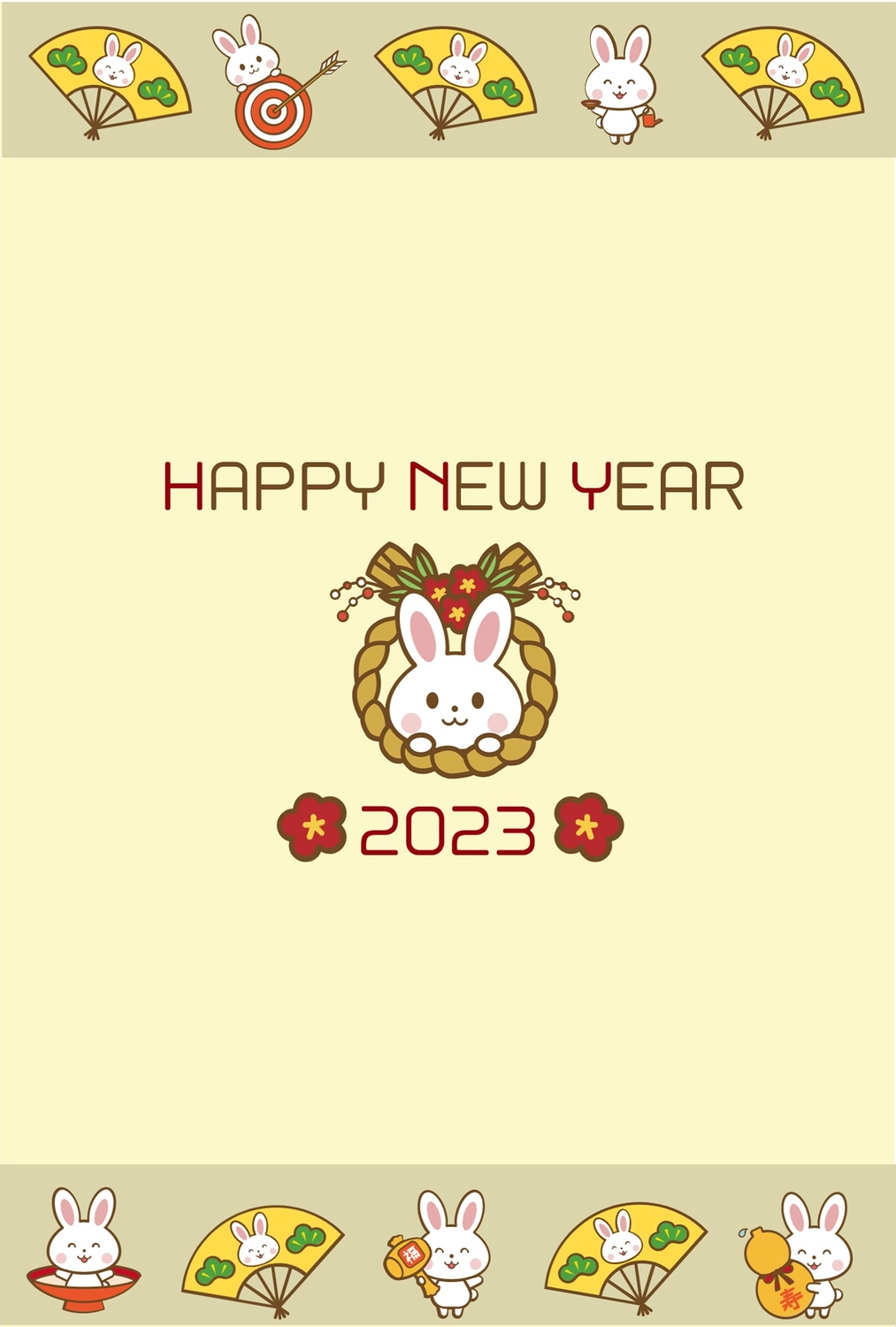 正月飾りの卯年年賀状, character, line stamp style, English text, New Year Card template