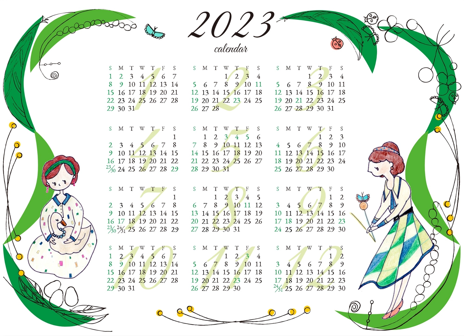女性イラストの23年間カレンダーの無料カレンダーテンプレート デザインac