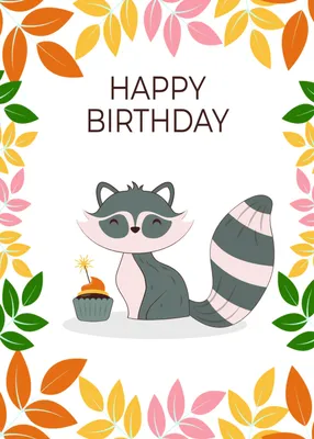 たぬきと誕生日ケーキ, Raccoon, leaf, Sideways, Birthday Card template