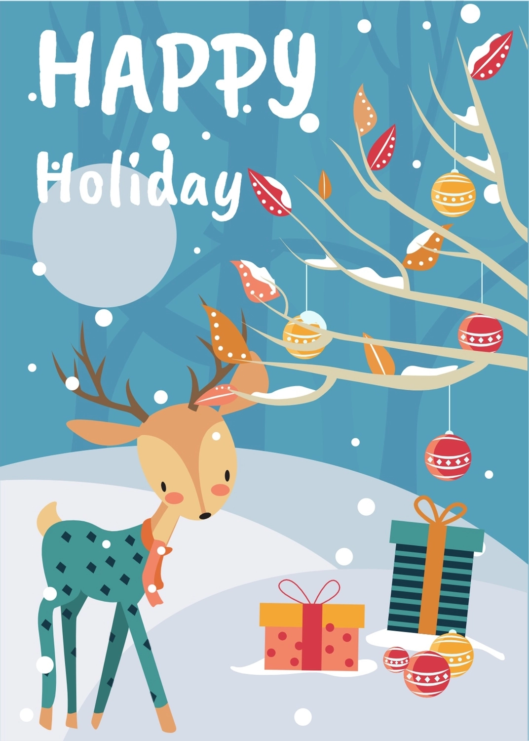 冬のグリーティングカード　鹿, プレゼント, 飾り, デフォルメ, メッセージカードテンプレート