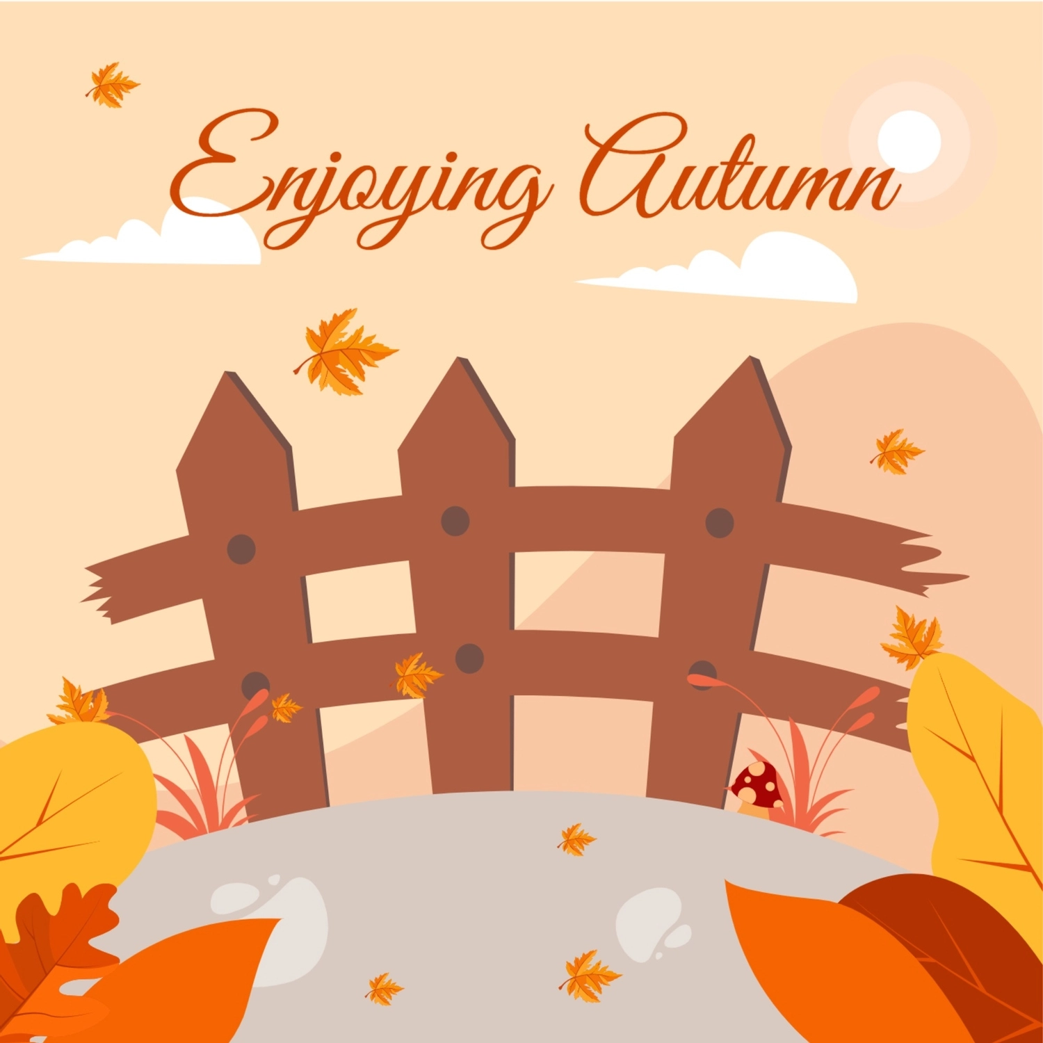 秋のグリーティングカード　柵, 落ち葉, 作成, デザイン, グリーティングカードテンプレート