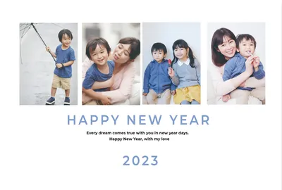 写真フレーム年賀状　4つ並んだ長方形フレーム, 長方形フレーム, happy, 2023, 年賀状テンプレート