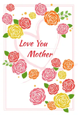 カラフルな薔薇イラストの母の日カード, 縦, 横書き, 薔薇, グリーティングカードテンプレート