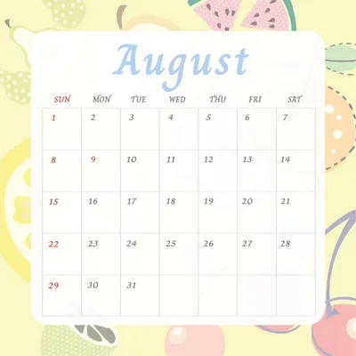 フルーツカレンダー, カレンダー, 8月, 月, カレンダーテンプレート