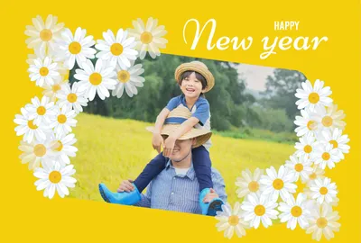 年賀状　黄色と花のフォトフレーム, あけましておめでとう, 黄, 花, 年賀状テンプレート
