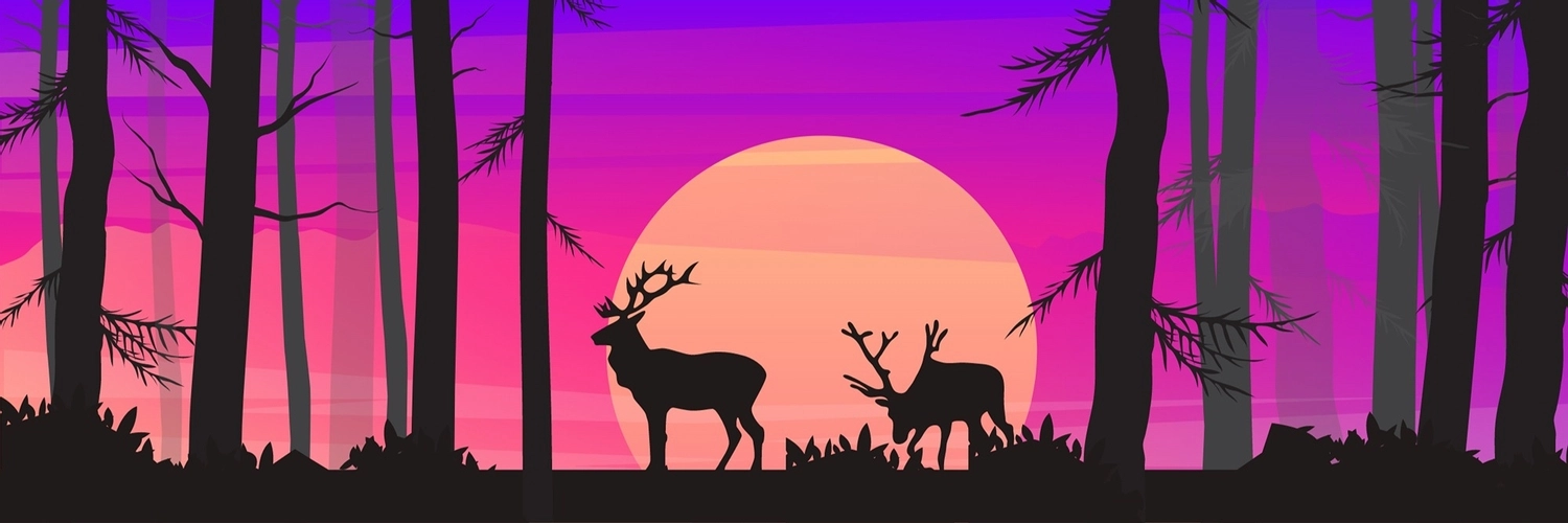木と鹿と太陽のヘッダー, トナカイ, シルエット, 影絵, Twitterヘッダーテンプレート