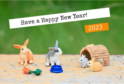 シュライヒ　巣穴にいる3匹のうさぎ　白ラインでHAPPY NEW YEAR, happy, new, year, 年賀状テンプレート