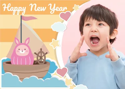 年賀状　うさぎと船フォトフレーム, HAPPY NEW YEAR, New Year&#39;s card, Zodiac, New Year Card template
