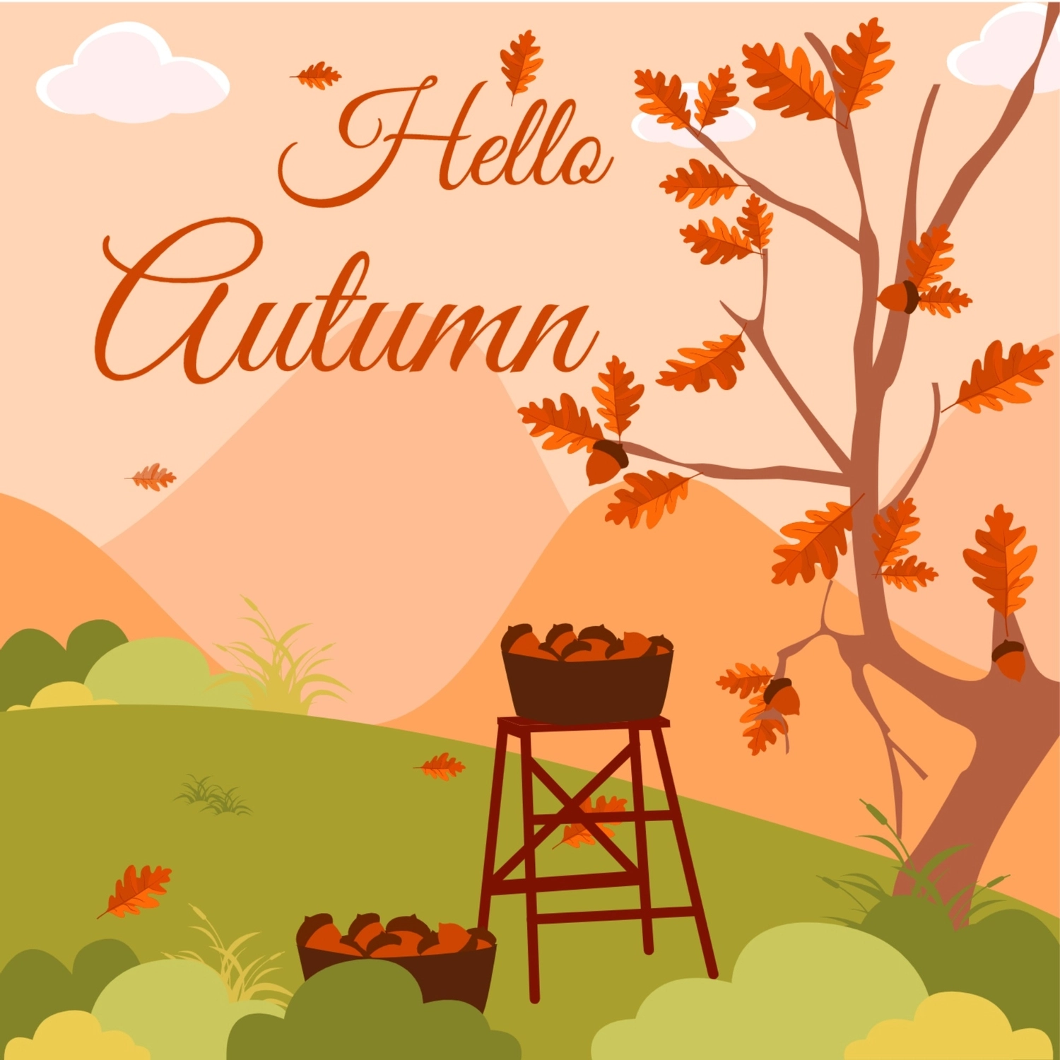 秋のグリーティングカード　どんぐりと木, 紅葉, 作成, デザイン, メッセージカードテンプレート