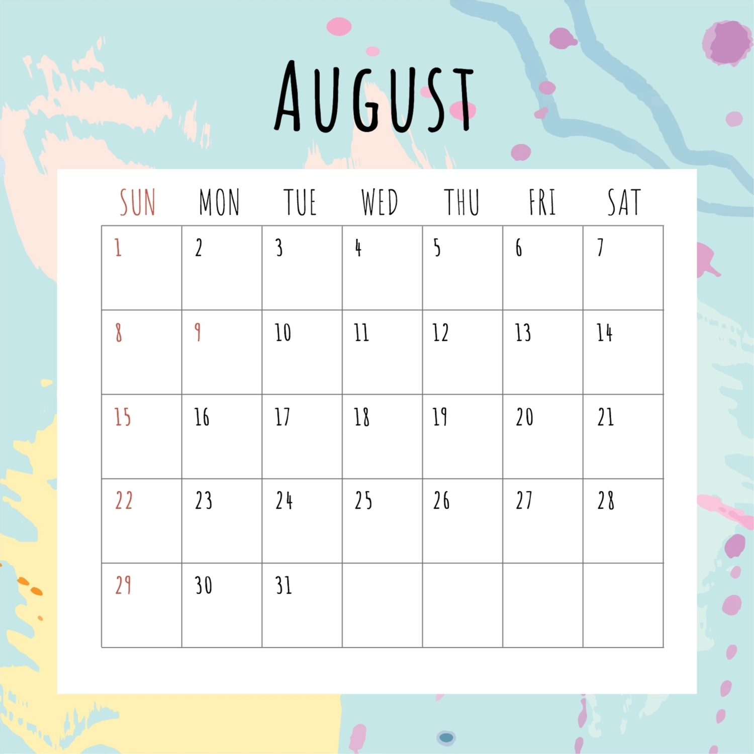 爽やかな8月, 週, 創造, 設計, 月曆 模板