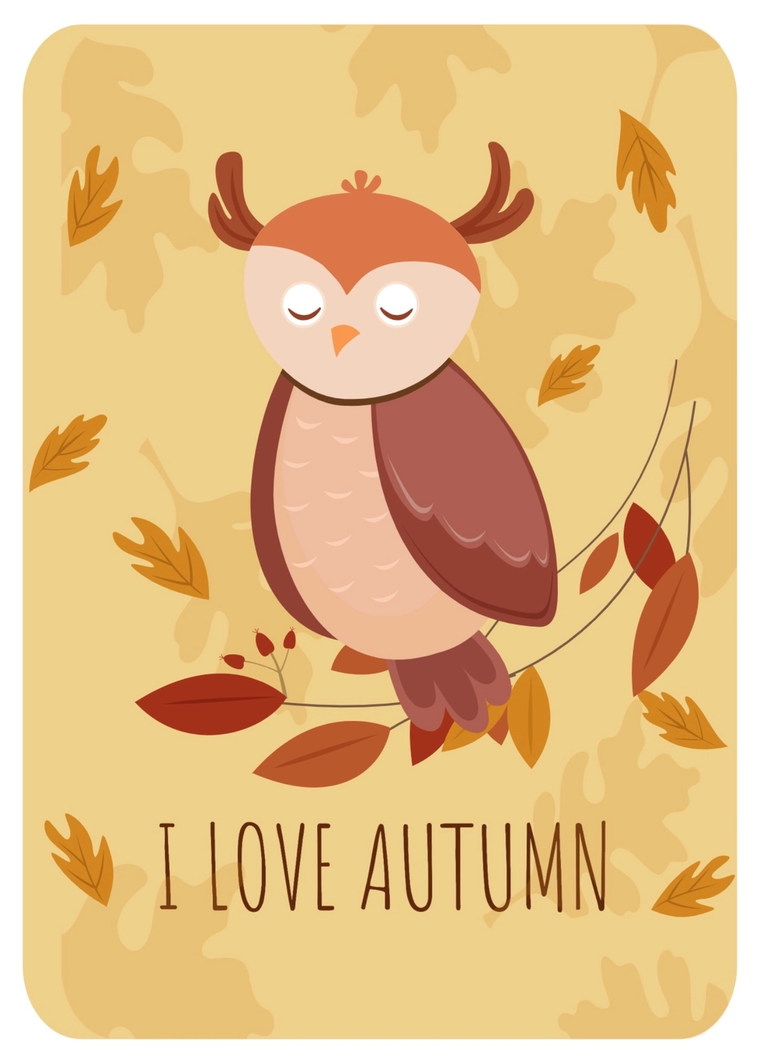 秋のグリーティングカード　ミミズク, 올빼미, 만들기, 디자인, 메시지 카드 템플릿